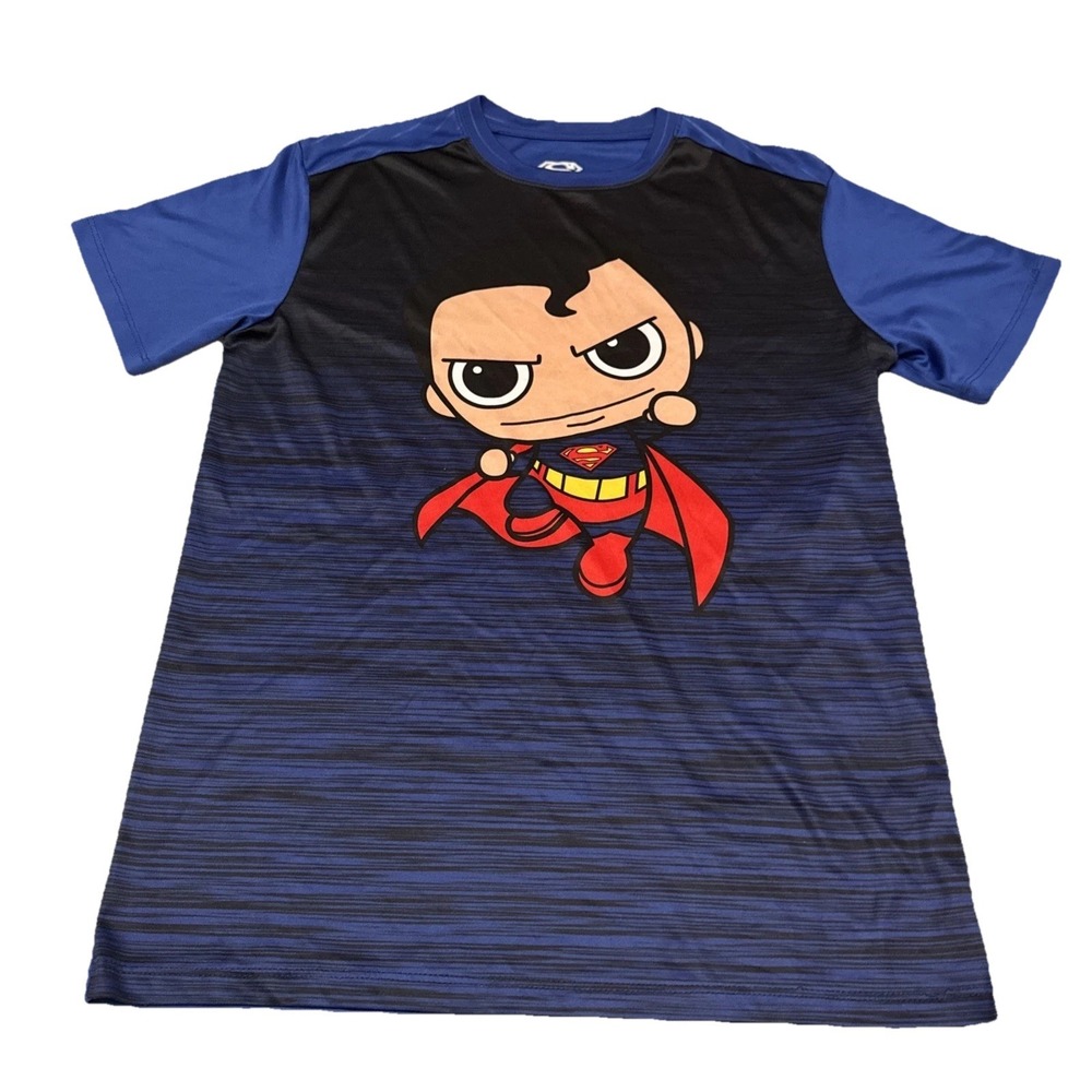 Superman Graphic Tee S Polyester Superhero Chibi Activewear Blue Black Shirt